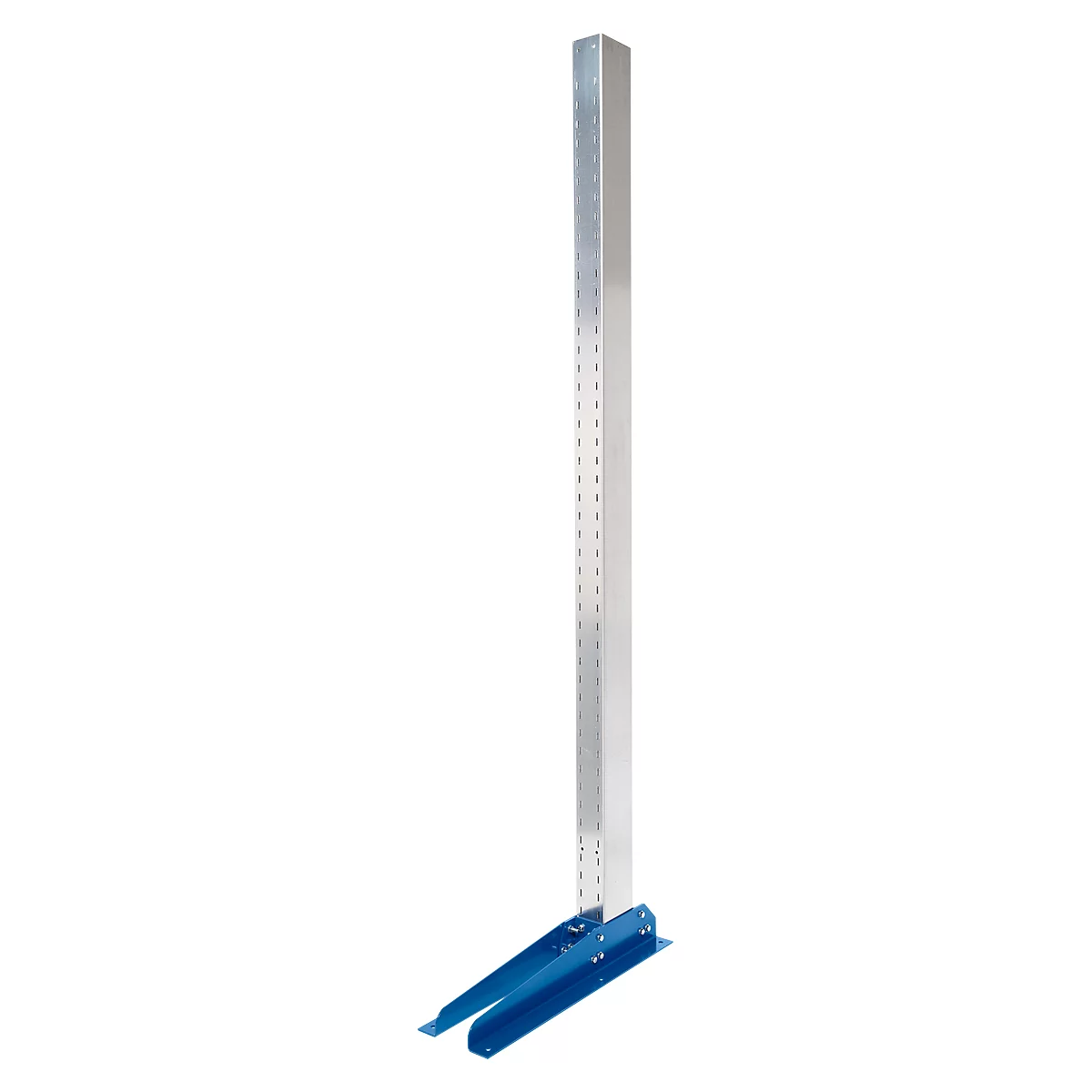 A metallic, vertical post stands on a blue base. The post has small holes.