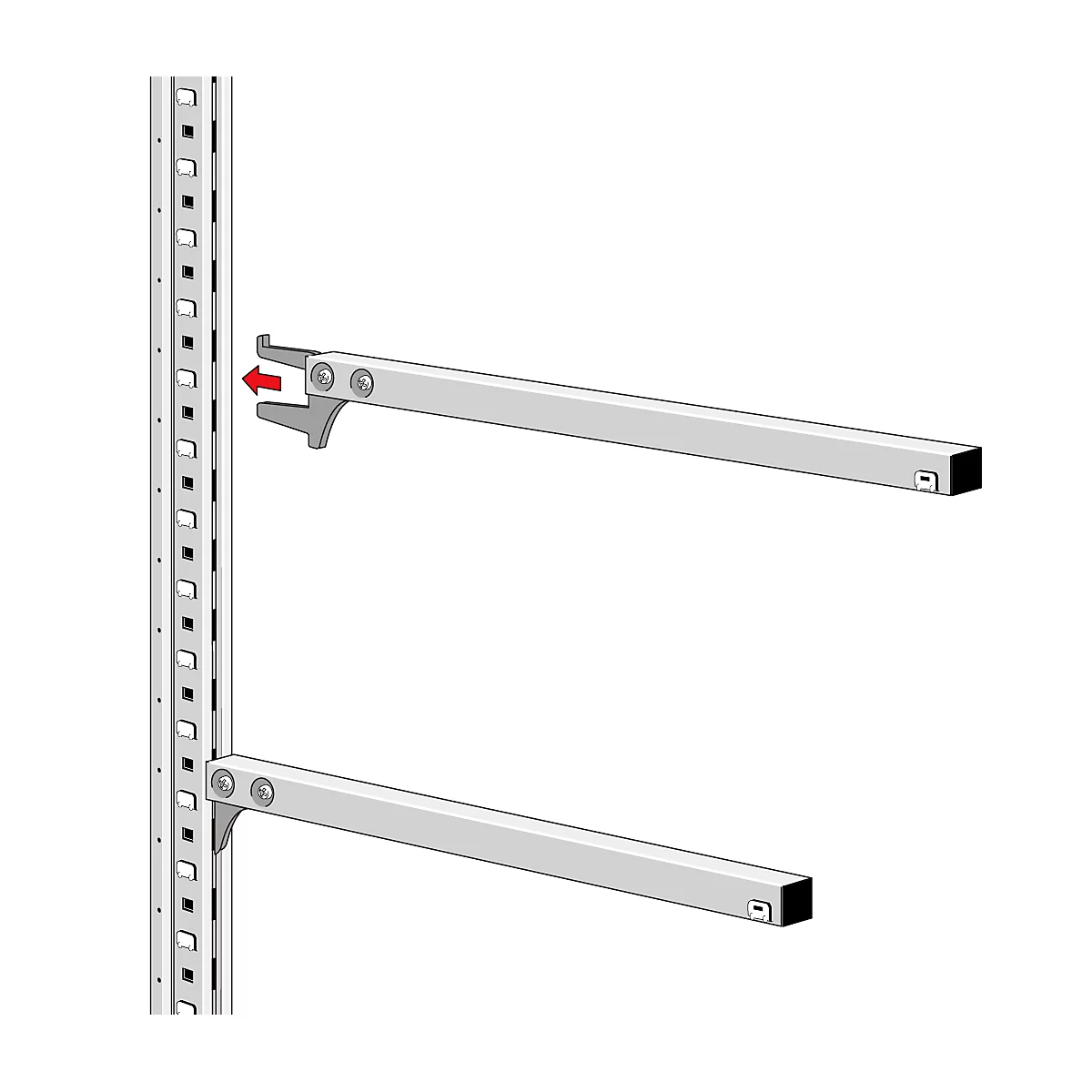 A shelf support is inserted into a shelving system. The top element is inserted into the guide.