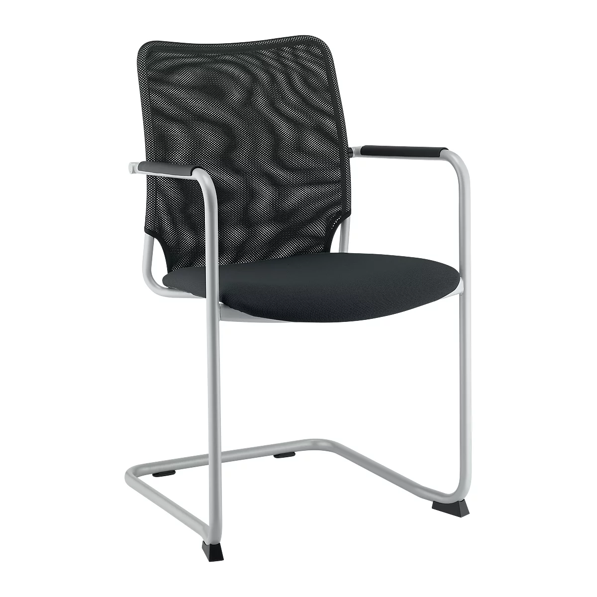 Black mesh chair, gray frame, armrests.