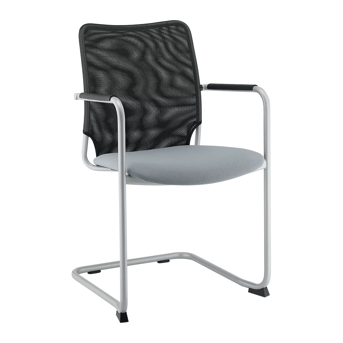 Gray mesh-back chair with armrests, silver frame and gray seat.