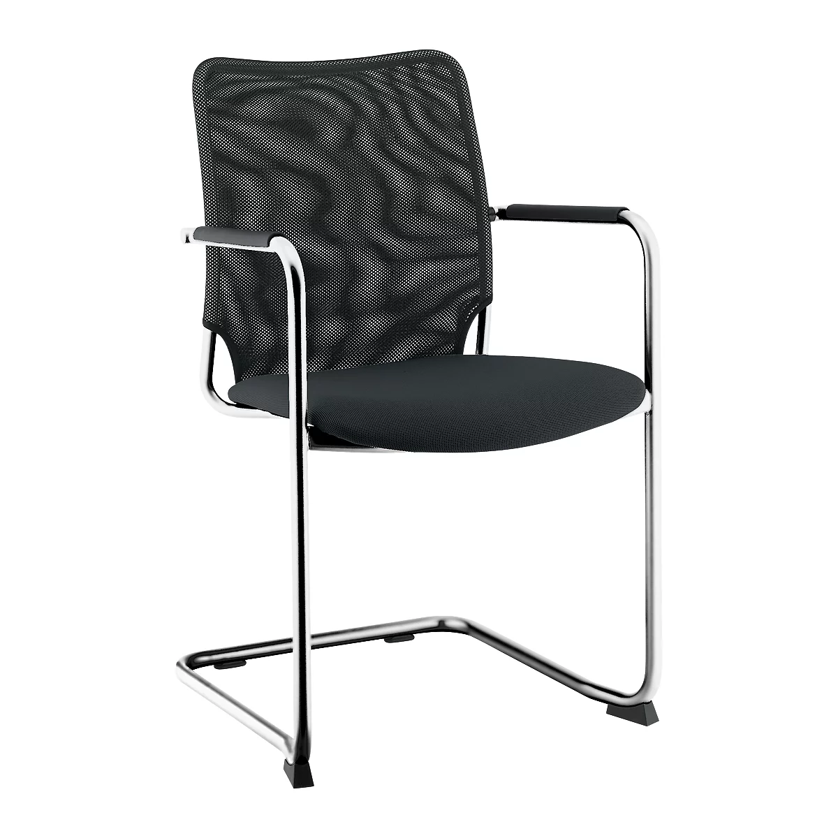 Black cantilever chair, mesh backrest, black seat, chrome frame.