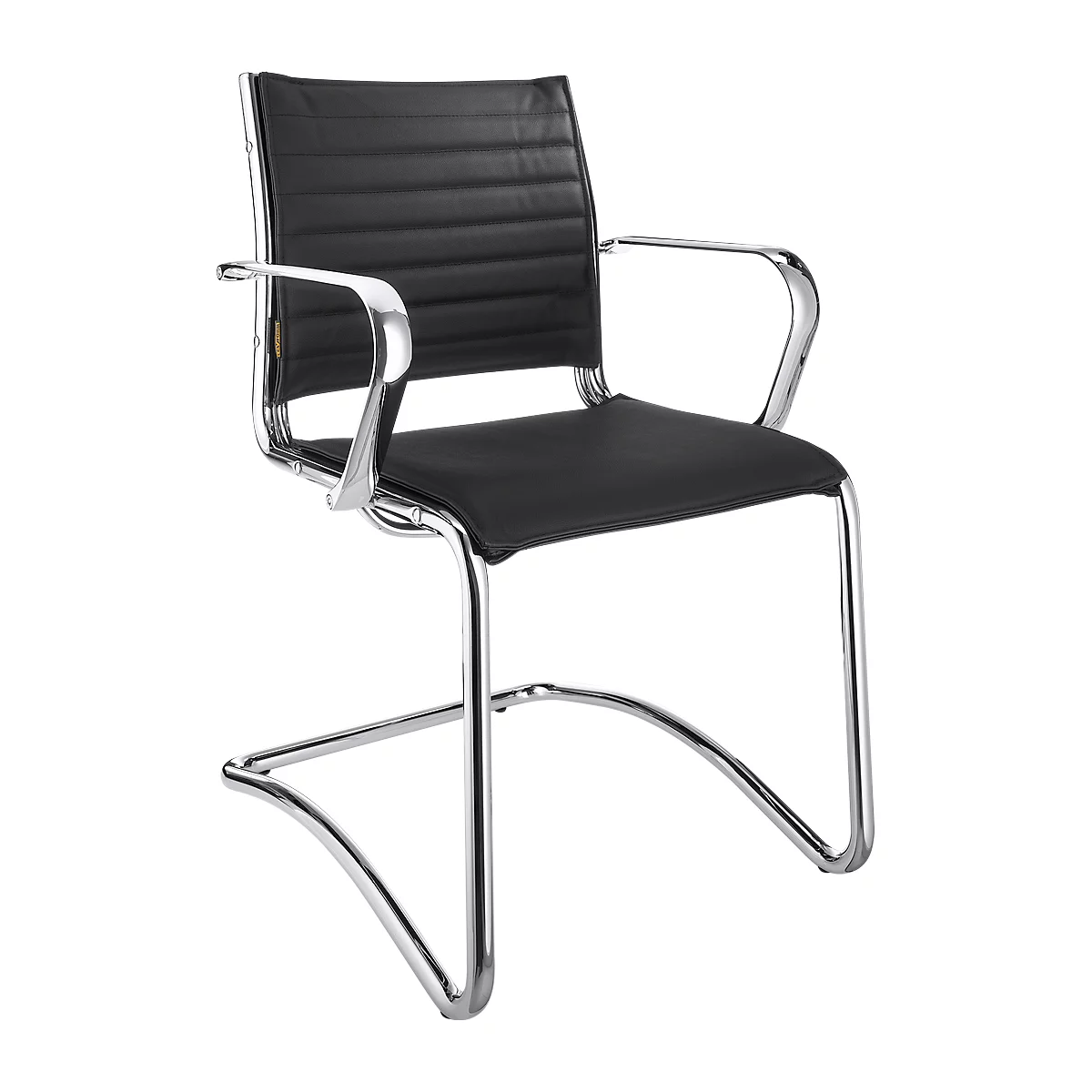 Black leather chair with armrests, chrome frame and ribbed backrest.