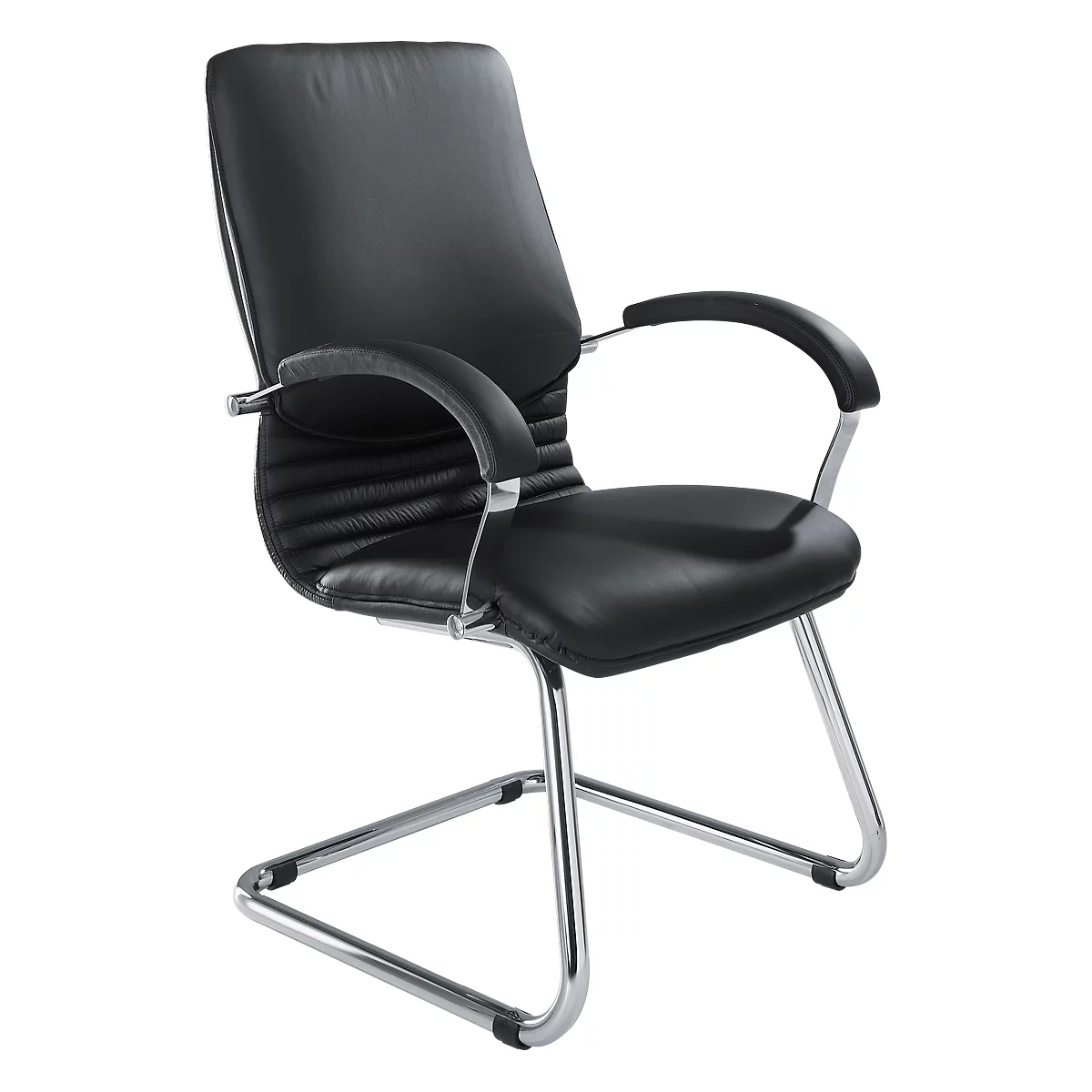 Black leather armchair, chrome frame, armrests.