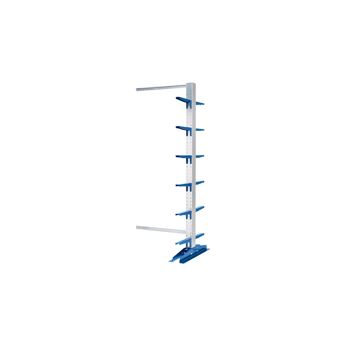 A freestanding rack with blue brackets and shelves.