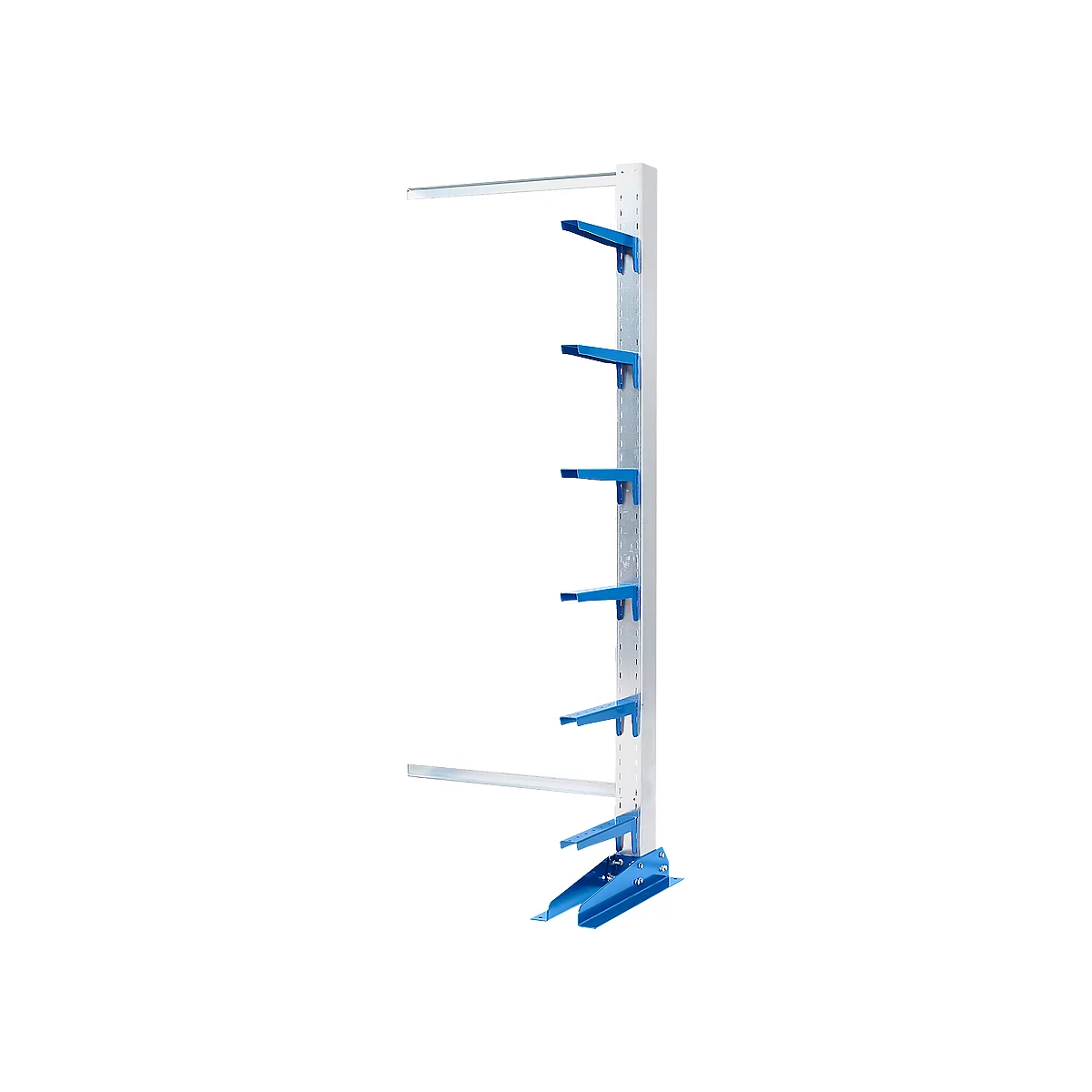 A shelving unit with blue brackets inserted into a white metal frame. Another bar is attached to the left side.