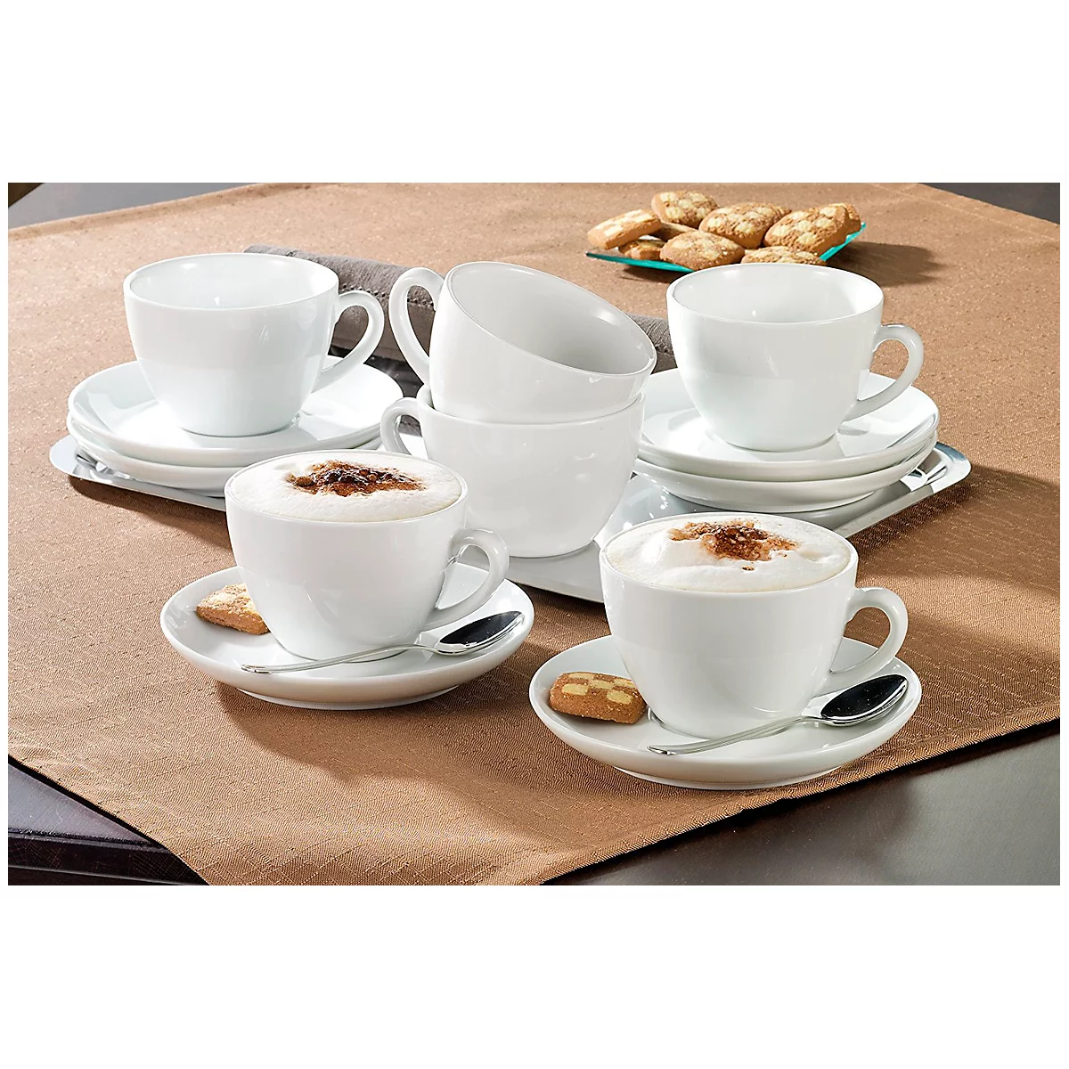 Cappuccinotassen-Set BISTRO, 6 Tassen & Unterassen, jeweils 0,3 l, H 71 mm, Porzellan, weiß