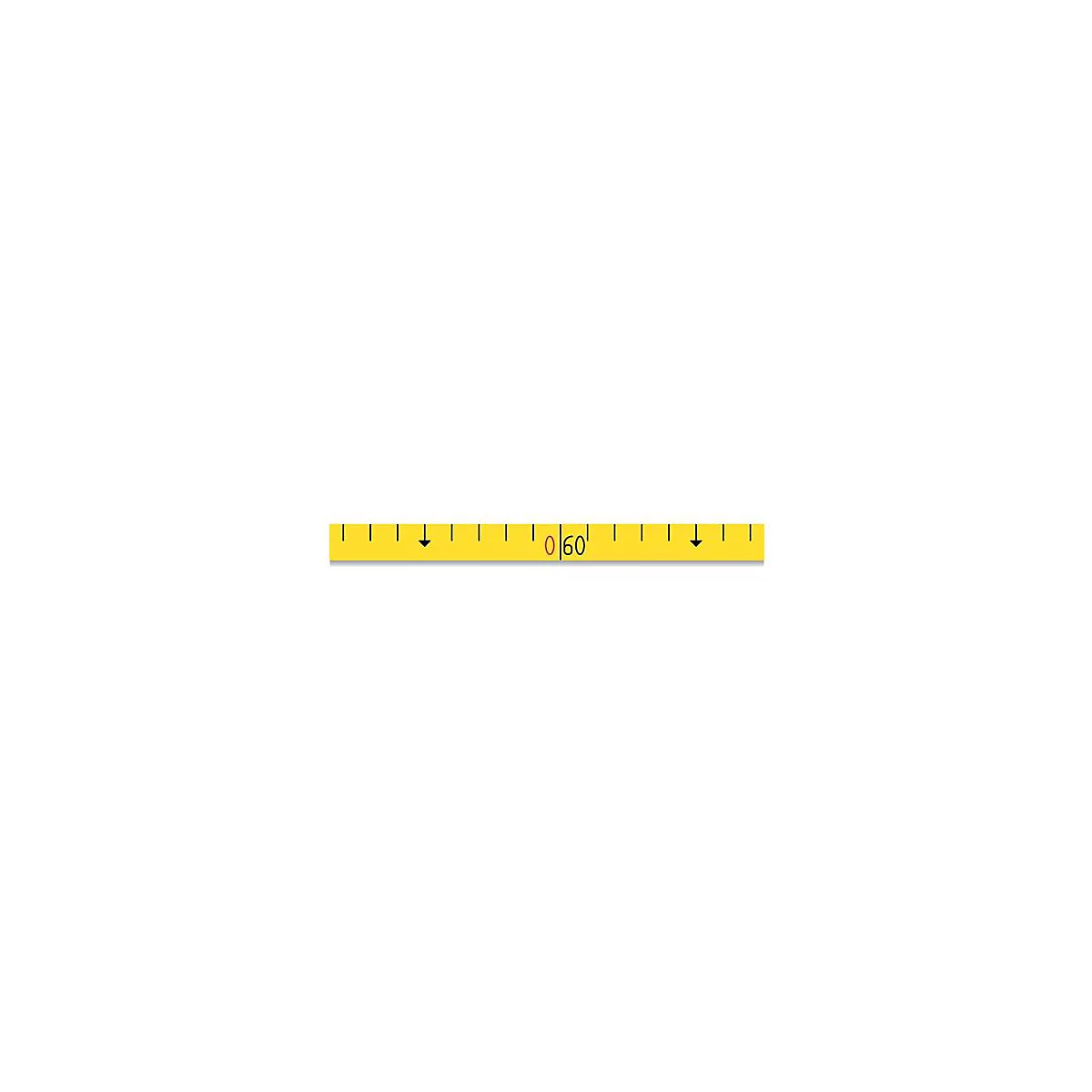 Yellow measuring tape with black lines and numbers. Black arrows at the ends, lettering '0/60'.