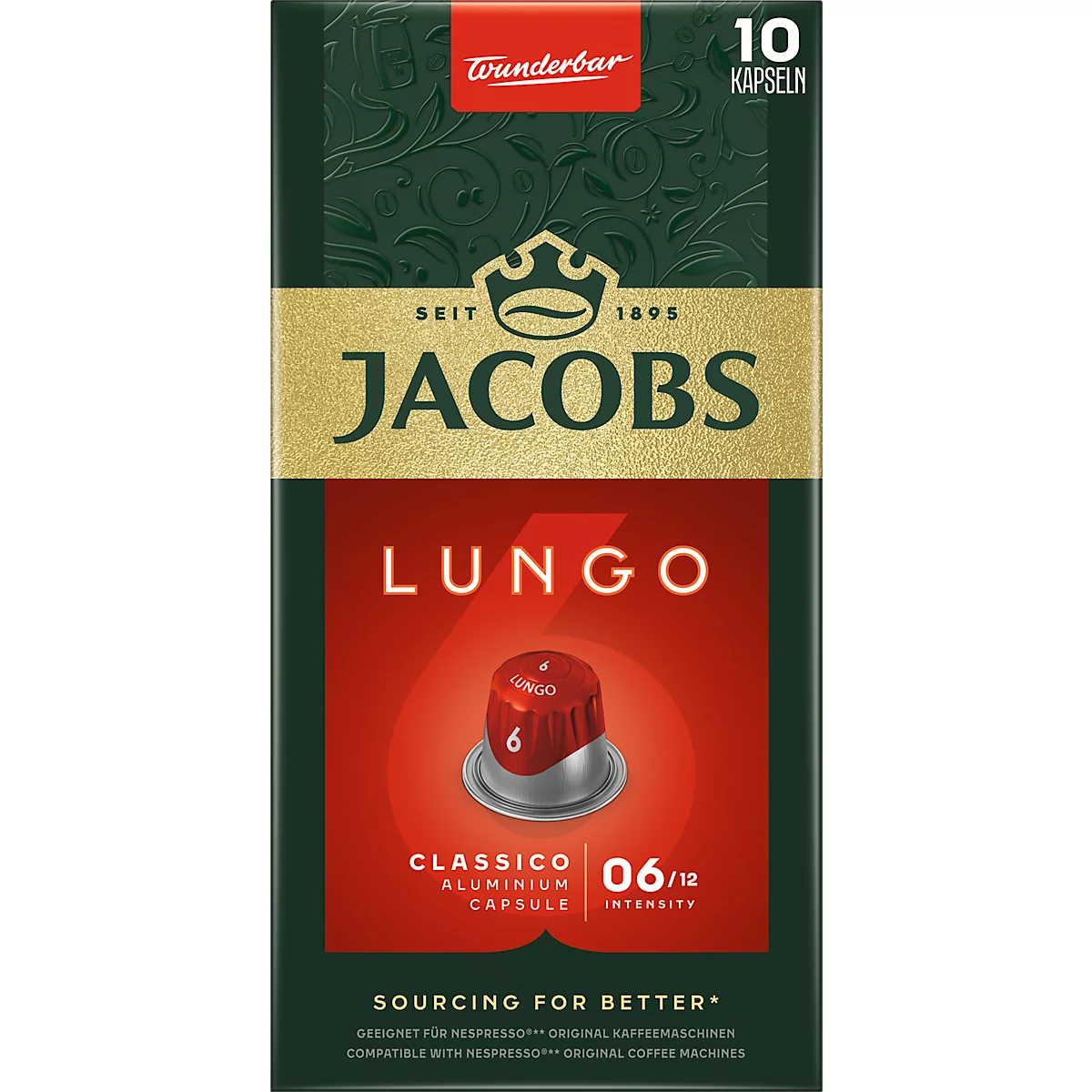 Capsules de café Jacobs Lungo 6 Classico, café torréfié, 10 x 52 g, compatible Nespresso®, certifié UTZ