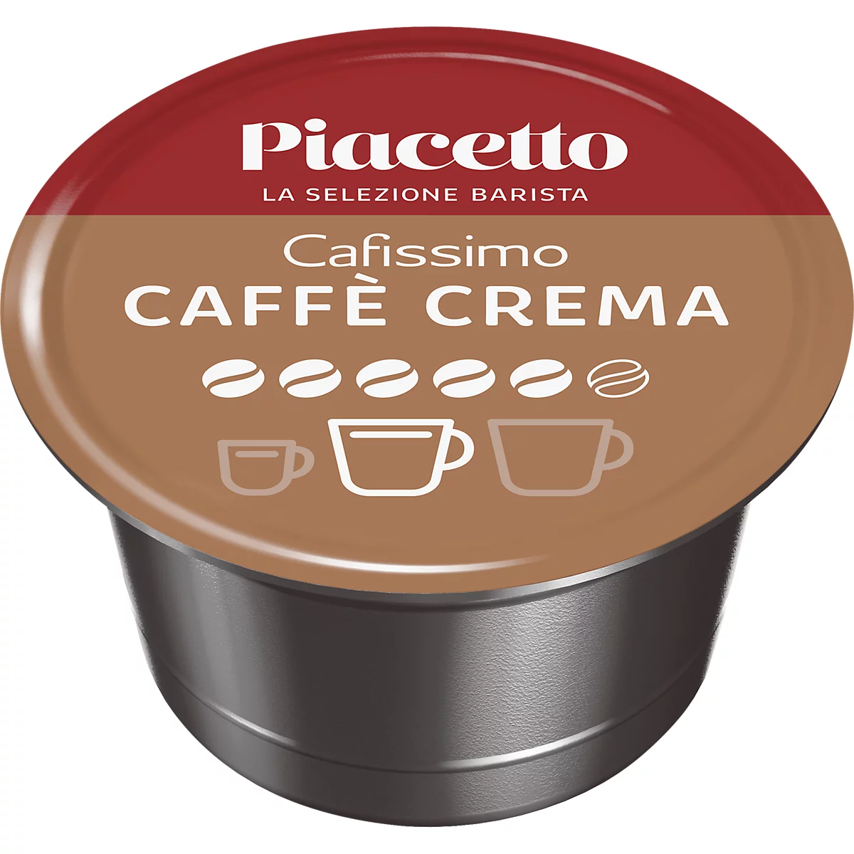 Capsule de café Piacetto Cafissimo Caffè Crema avec couvercle marron et logo blanc sur fond sombre.