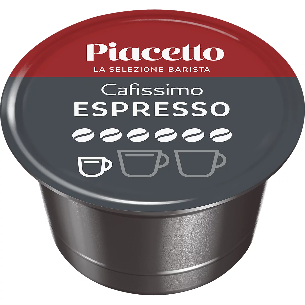 Capsule de café Piacetto pour Cafissimo, dosette foncée avec l'inscription ESPRESSO et icônes.