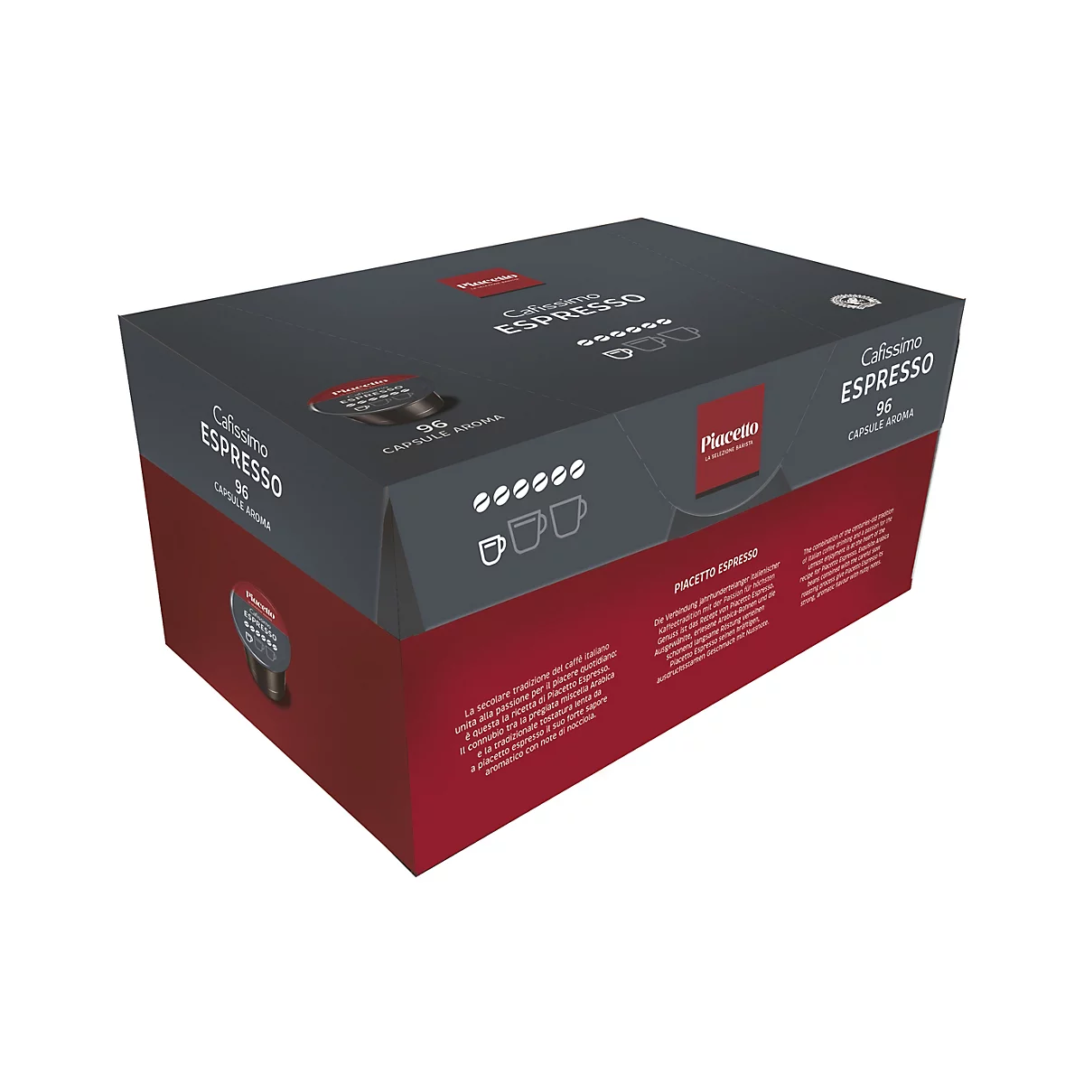 Grande boîte de 96 capsules de café Piacetto Espresso, aux tons gris foncé et rouge.