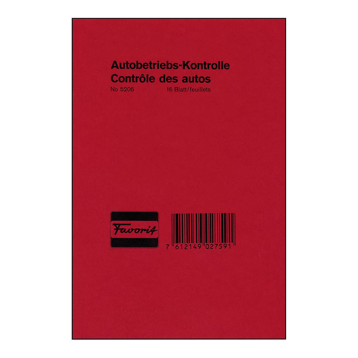 Red booklet with text: Autobetriebs-Kontrolle, Contrôle des autos. Logo: Favorit. Barcode and 16 sheets.