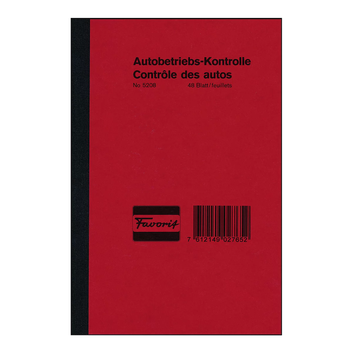 Red booklet with black border. Text: Autobetriebs-Kontrolle, Contrôle des autos. Black logo with "Favorit". Barcode below.
