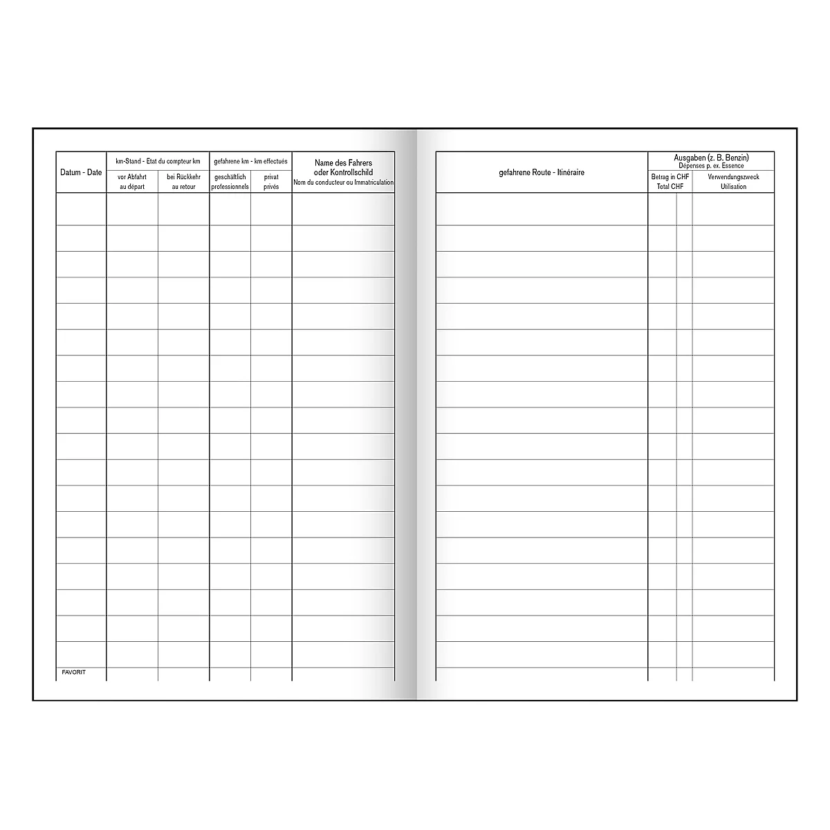 Open logbook with a tabular layout. Each page has columns for date, location, driver, and costs.