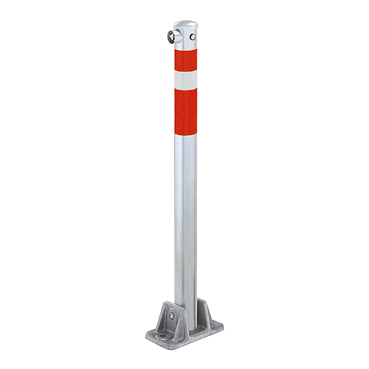 Silver bollard with red and white markings. Fixed with a bolt at the top and a square bracket at the bottom.