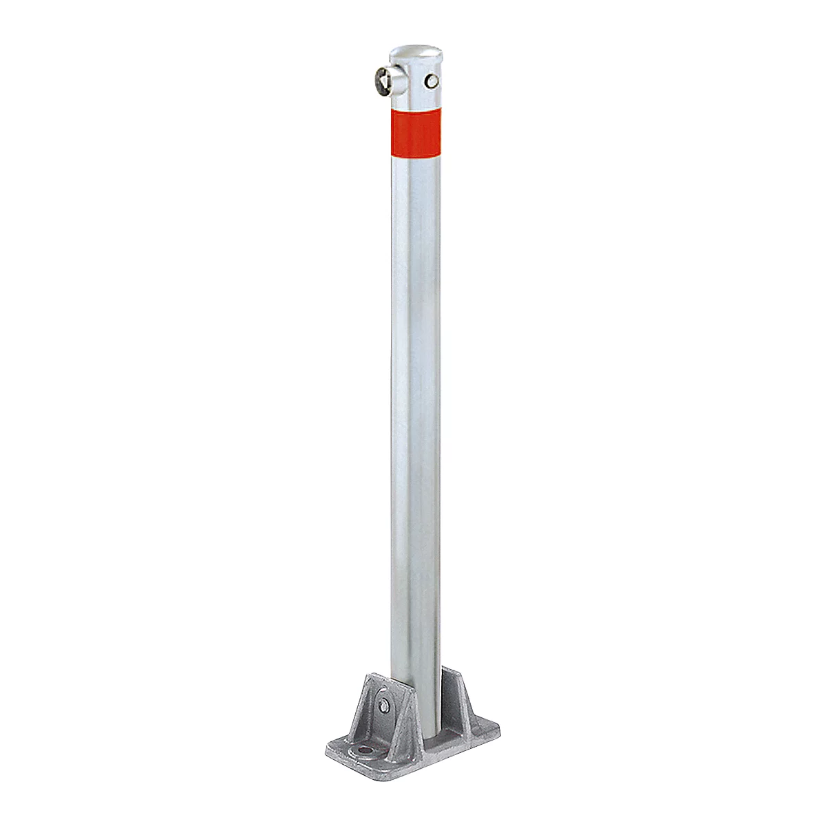 Silver bollard with red band, on a square base. At the top: ring with pin.