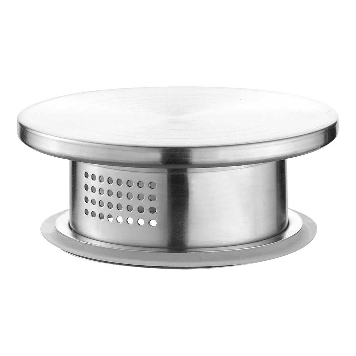 Bouchon d'évier rond en acier inoxydable argenté, doté de perforations latérales, sur fond neutre.