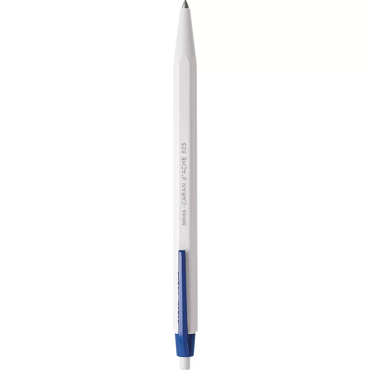 A white pen with a blue end and a metal tip. Writing can be seen on the pen.