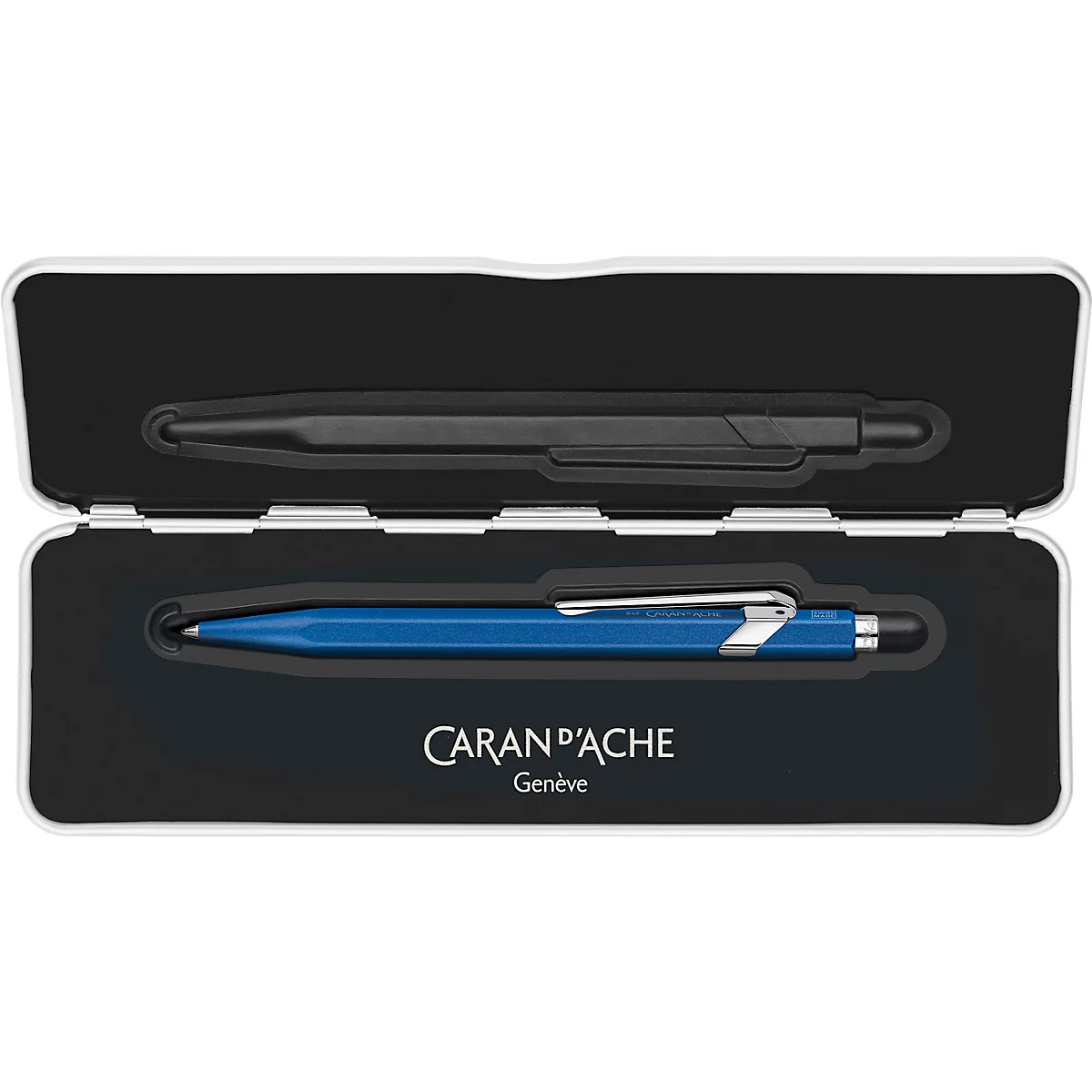 Pen set in an open black box. A black pen at the top, a blue pen at the bottom. Inscription: Caran d'Ache, Genève.