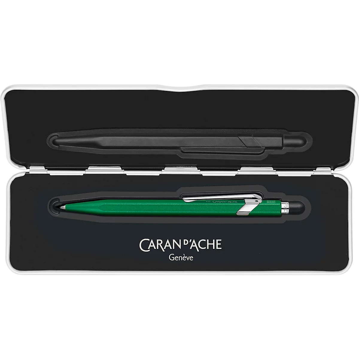 Pens in black and green cases. The brand name is under the green pen.