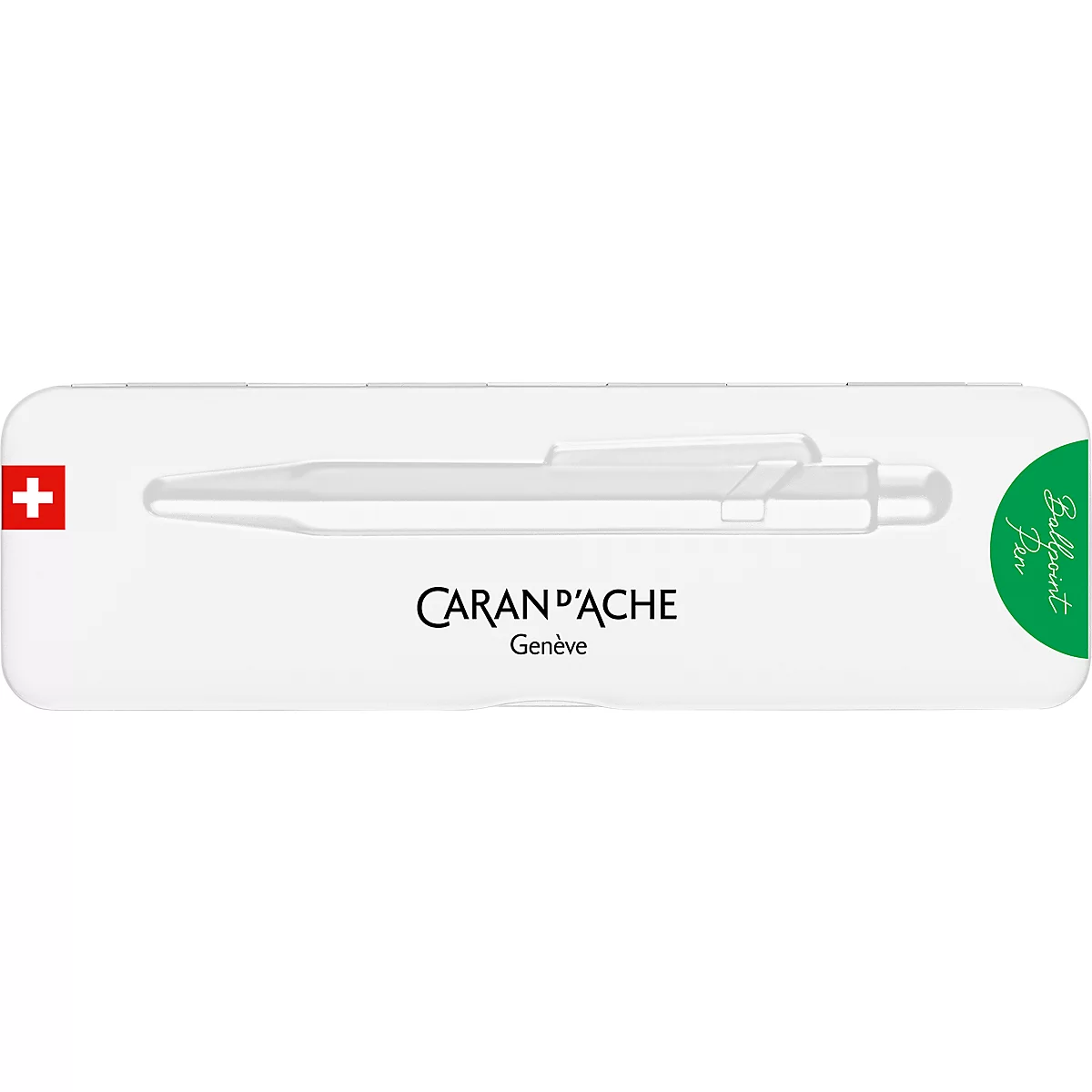 A white pen case with the outline of a pen. Swiss cross on the left, green oval inscription on the right: Ballpoint Pen.