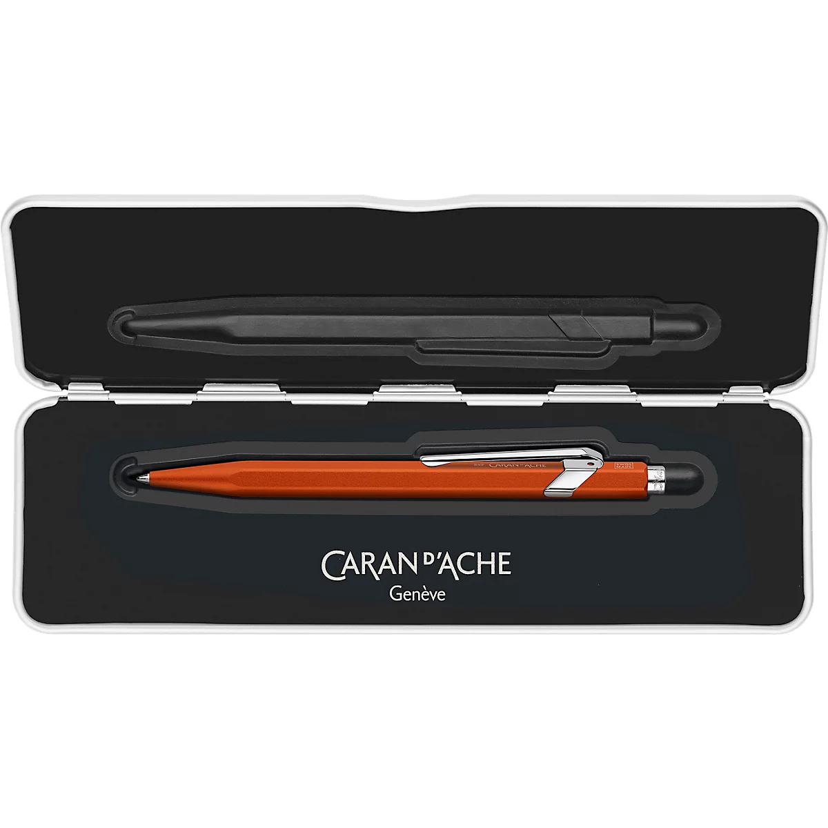 Pen set with two pens in a white box. A black pen on top, an orange pen below, both in black recesses.