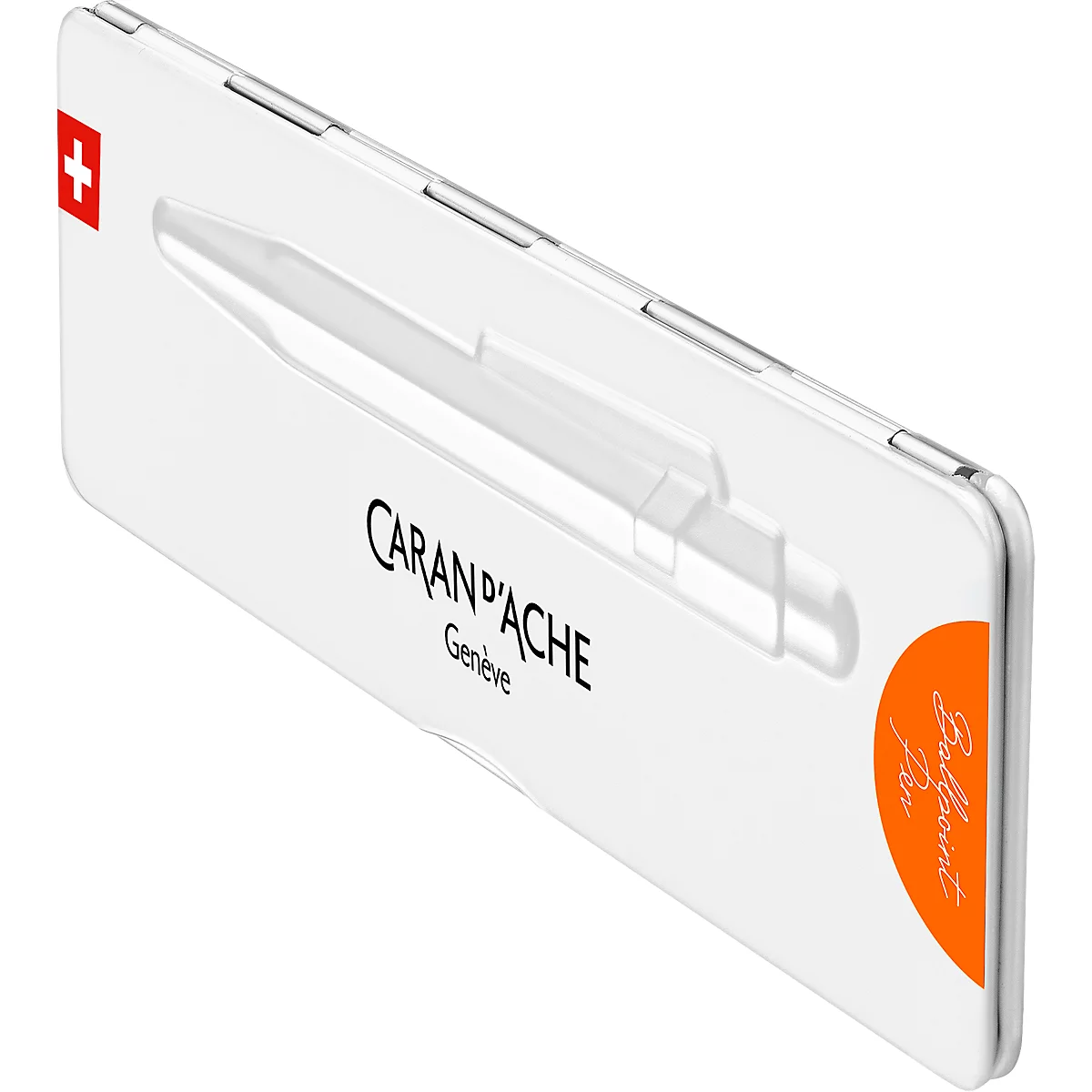 White Caran d'Ache pen package with Swiss flag, pen illustration, and lettering.