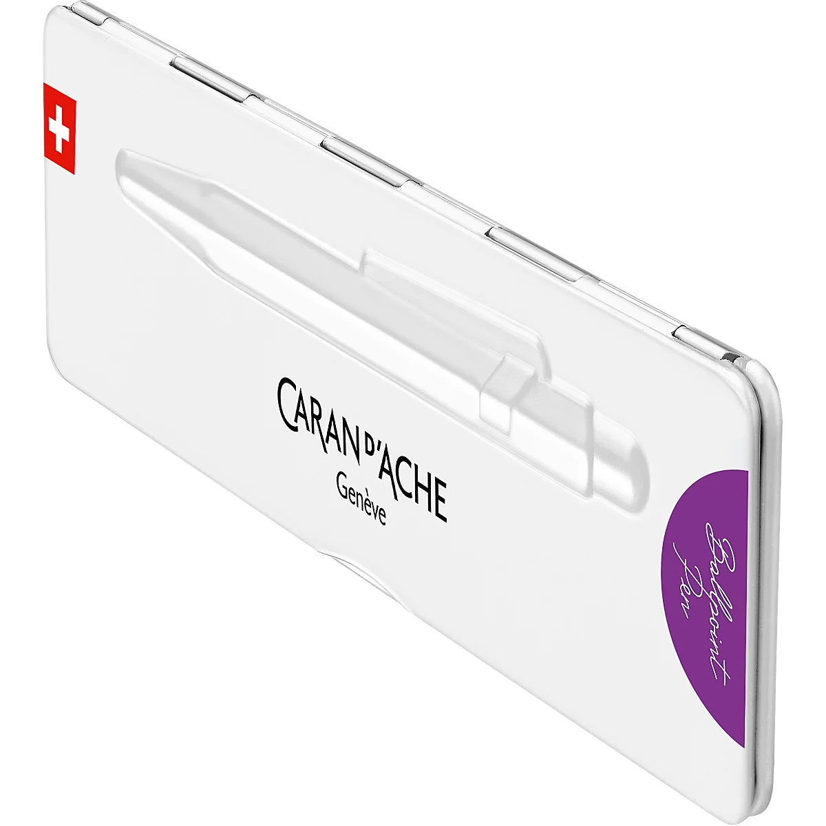 White case with pen, Swiss cross and Caran d'Ache, Geneva logo.