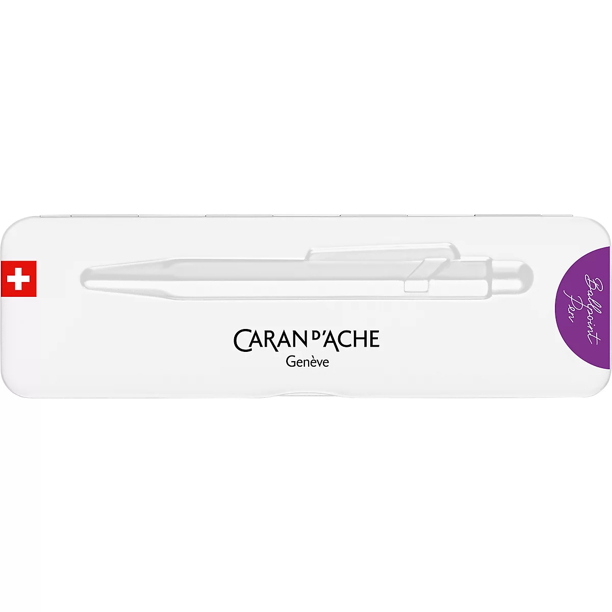 White pen packaging with pen drawing. Caran d'Ache logo, Swiss cross. Purple corner with lettering.