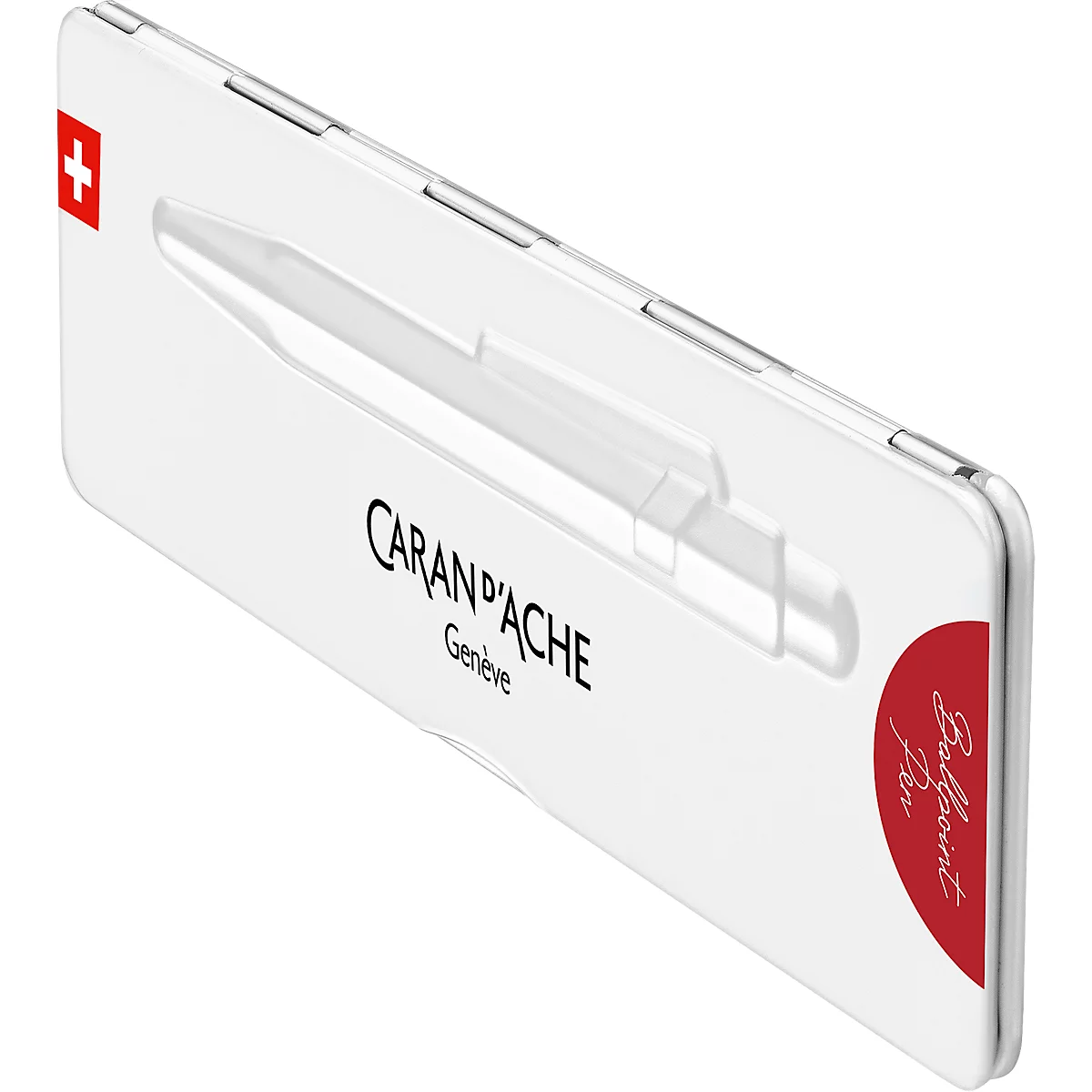 White pen case, Swiss flag, Caran d'Ache Genève lettering and red circle with Ballpoint Pen lettering.