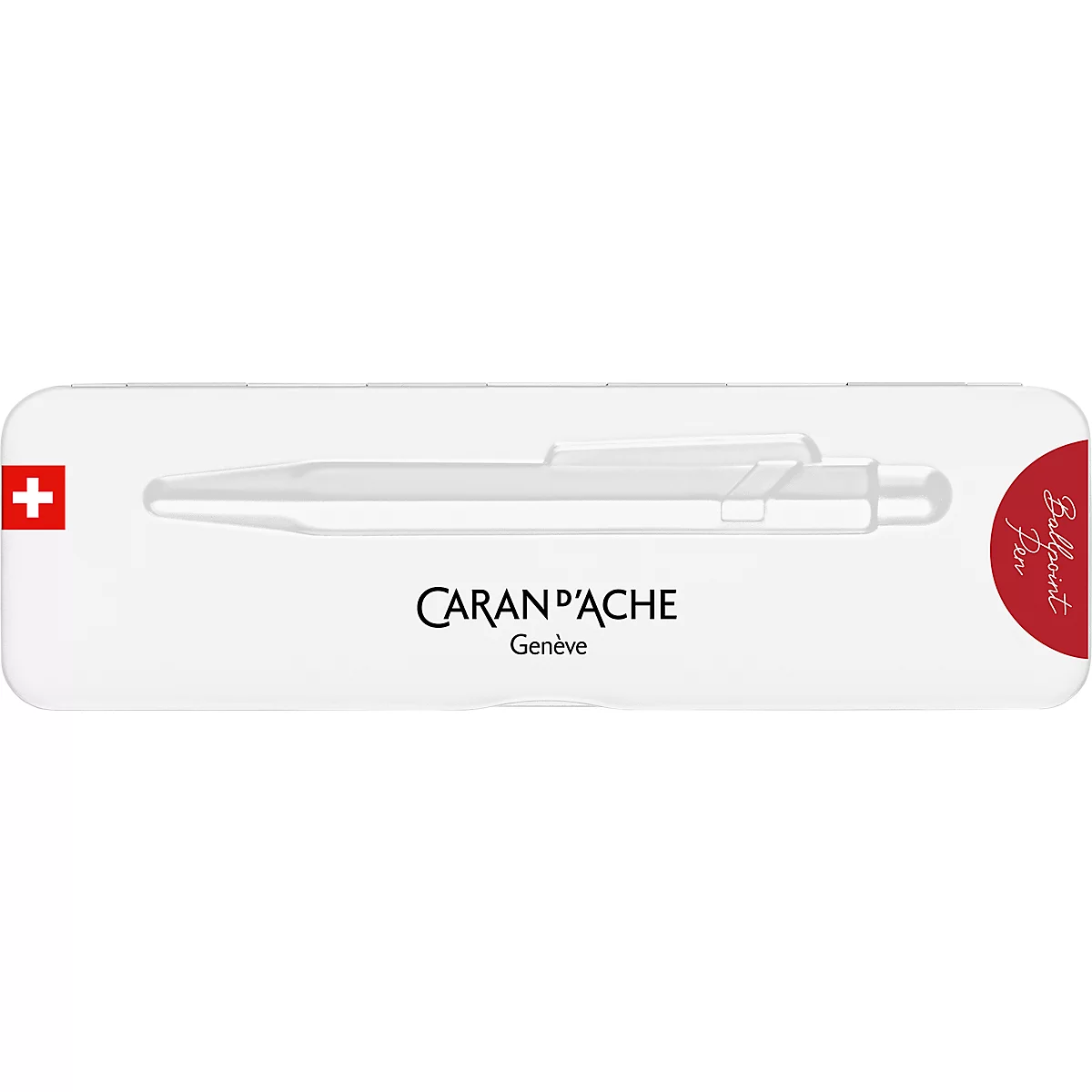White pen holder with a Swiss cross. Caran d'Ache logo and ballpoint pen illustration.