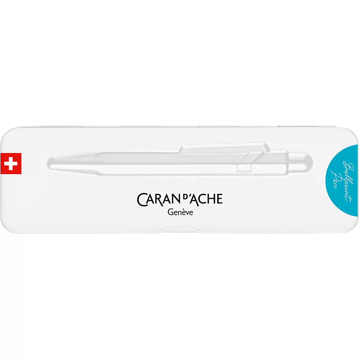 White pen case with pen outline. Logo CARAN D'ACHE, Geneva, Switzerland flag on the left. Turquoise label: Ballpoint Pen.