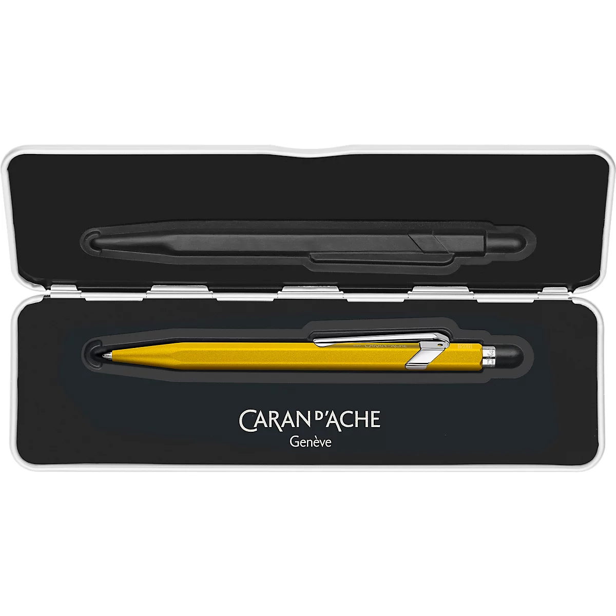 Opened pen case with a black and a golden pen. The brand name Caran d'Ache is printed.
