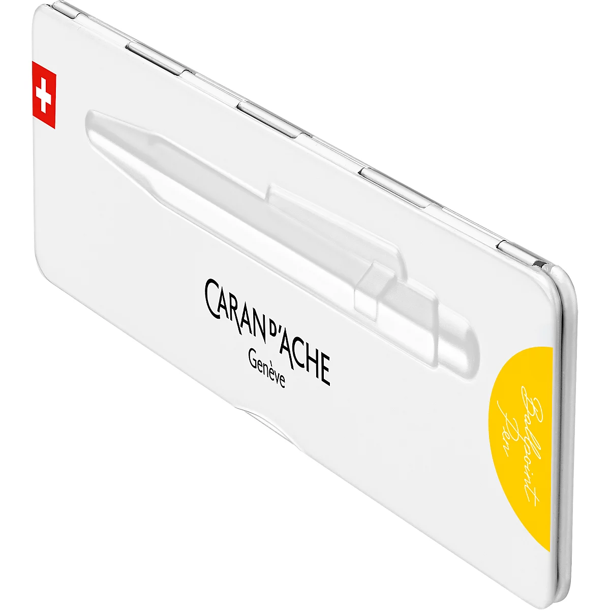 White pen holder with Caran d'Ache logo. Swiss cross. Yellow sticker.