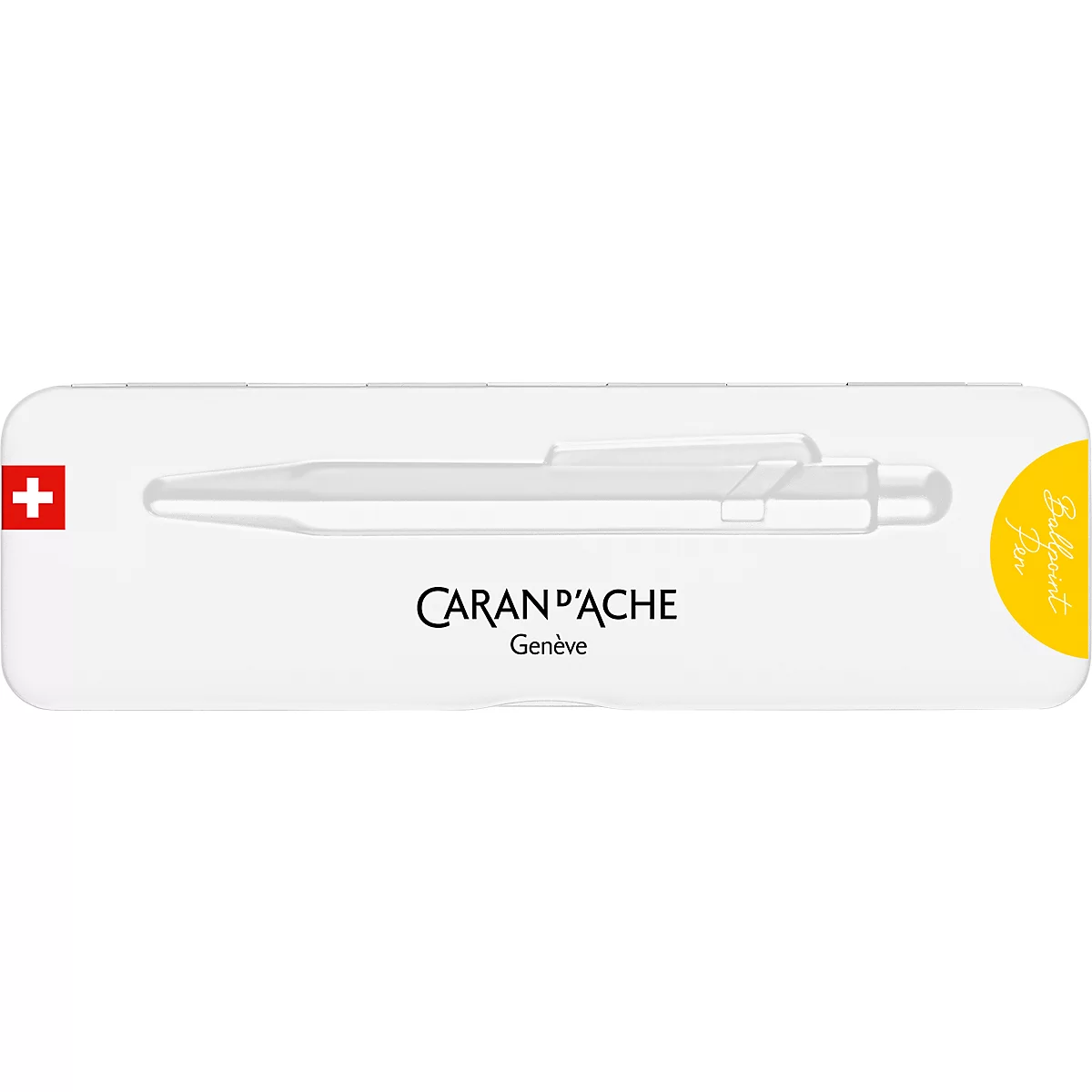 White pen on white packaging with the CARAN D'ACHE logo. Yellow label on the right, Swiss flag on the left.