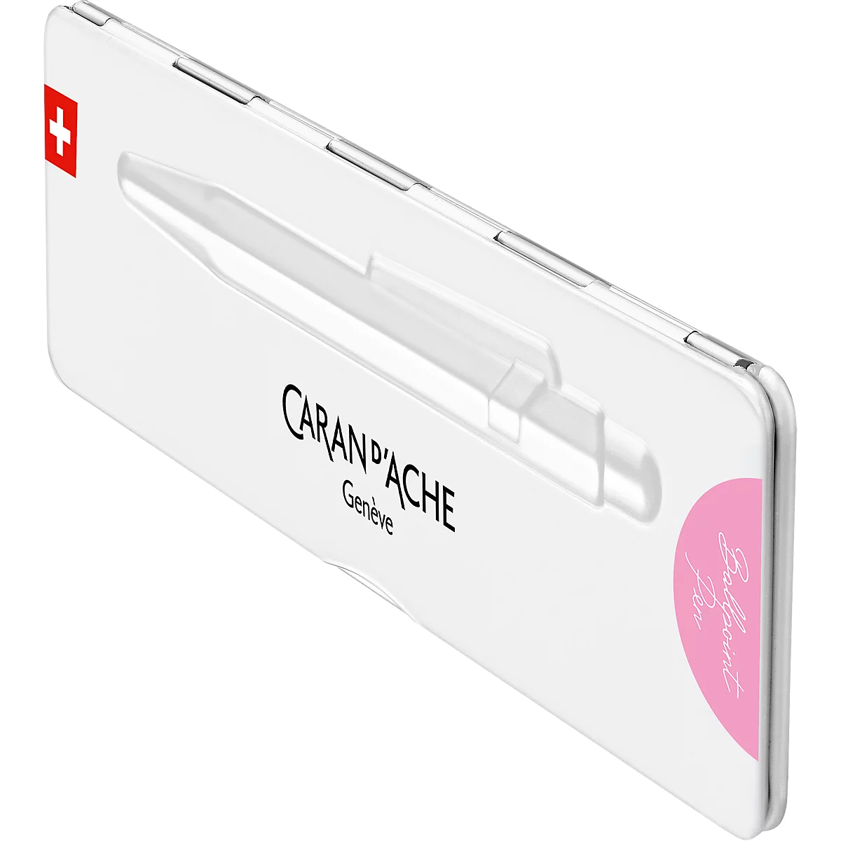 White case with pen cutout, CARAN D'ACHE lettering, and Swiss cross. Pink label with 'Ballpoint Pen'.