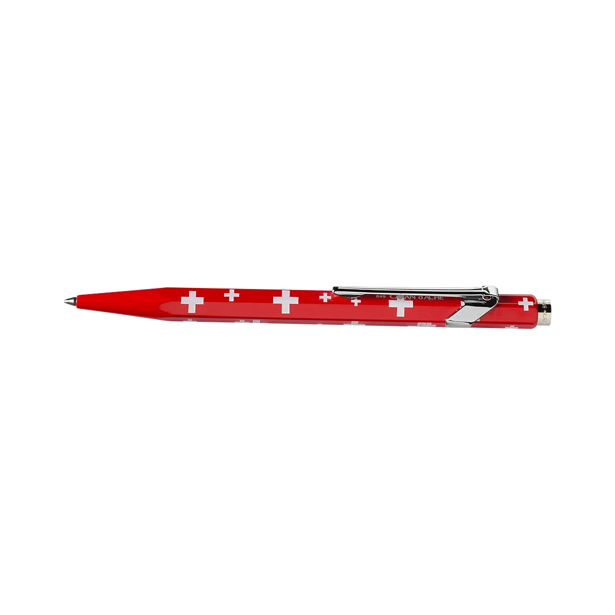 Red ballpoint pen with white crosses, silver clip and tip.