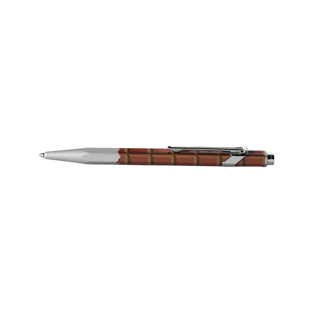 Pen with brown patterned shaft and silver clip.