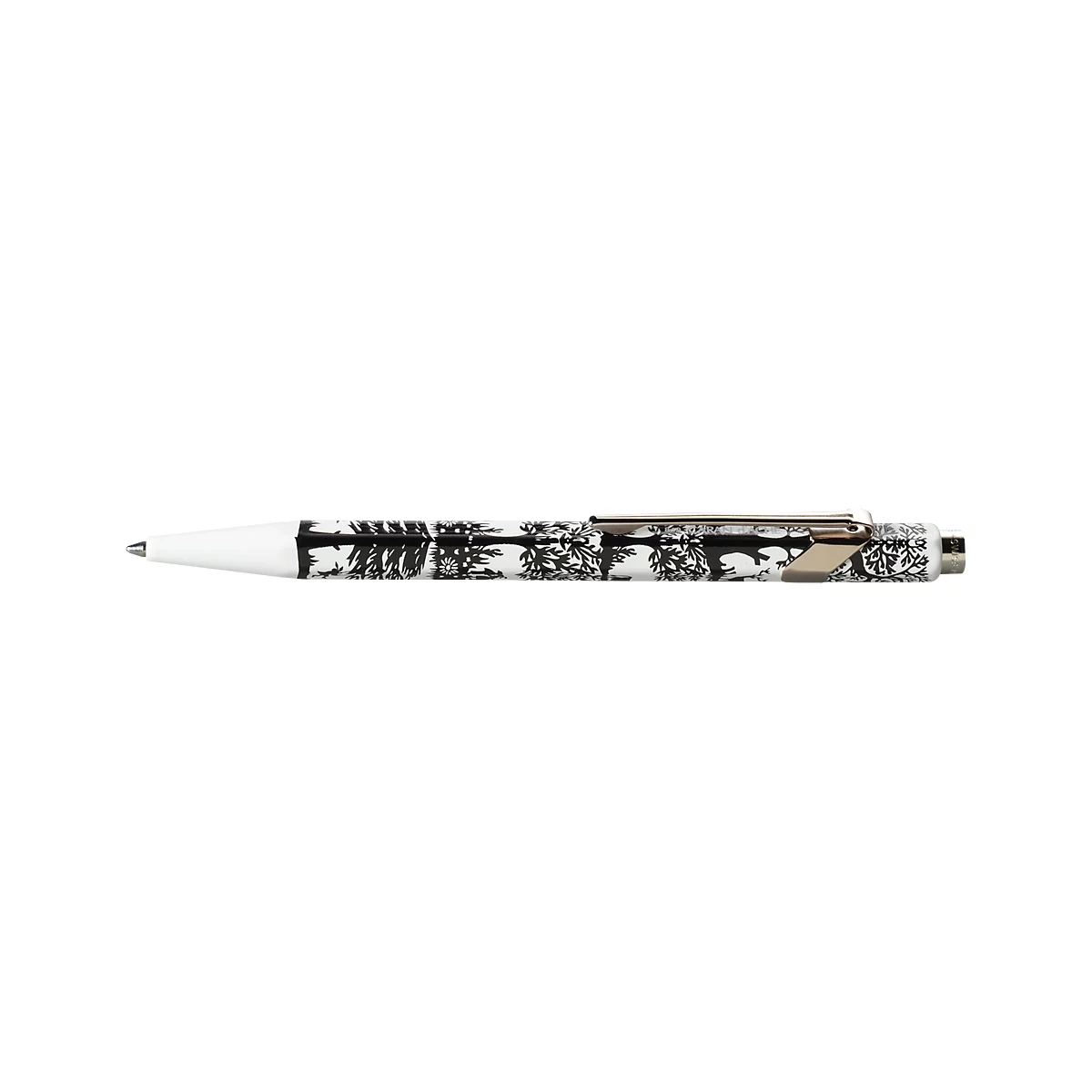 Ballpoint pen with black and white pattern and silver clip.