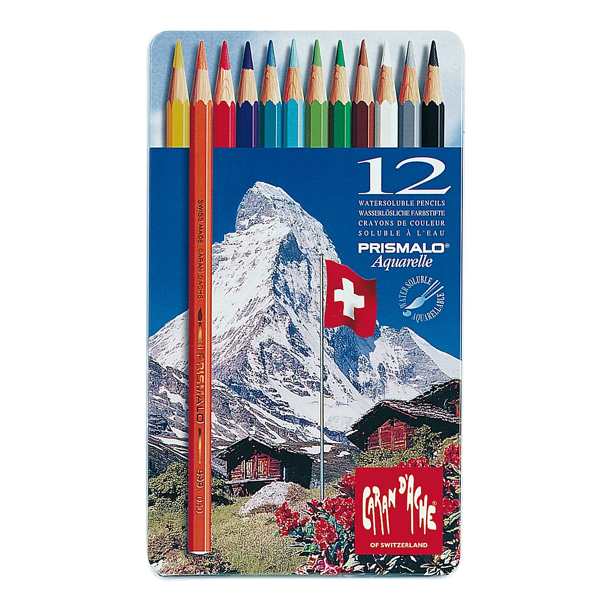 Colored pencils in a metal box with a Swiss landscape. In front, a single orange pencil.