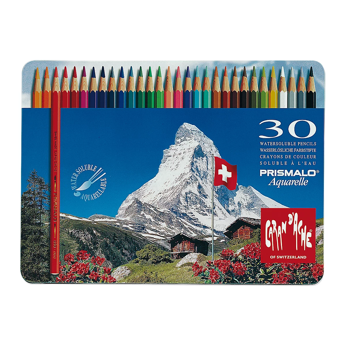Pencils in a box. Printed on it are a Matterhorn, a Swiss flag and the lettering Prismalo.