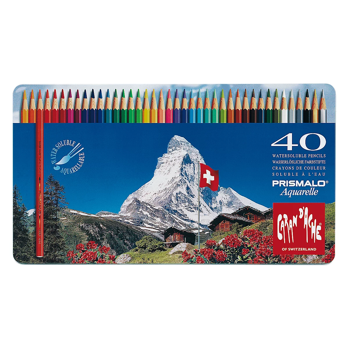 A box of 40 colored pencils displaying a landscape featuring the Matterhorn.
