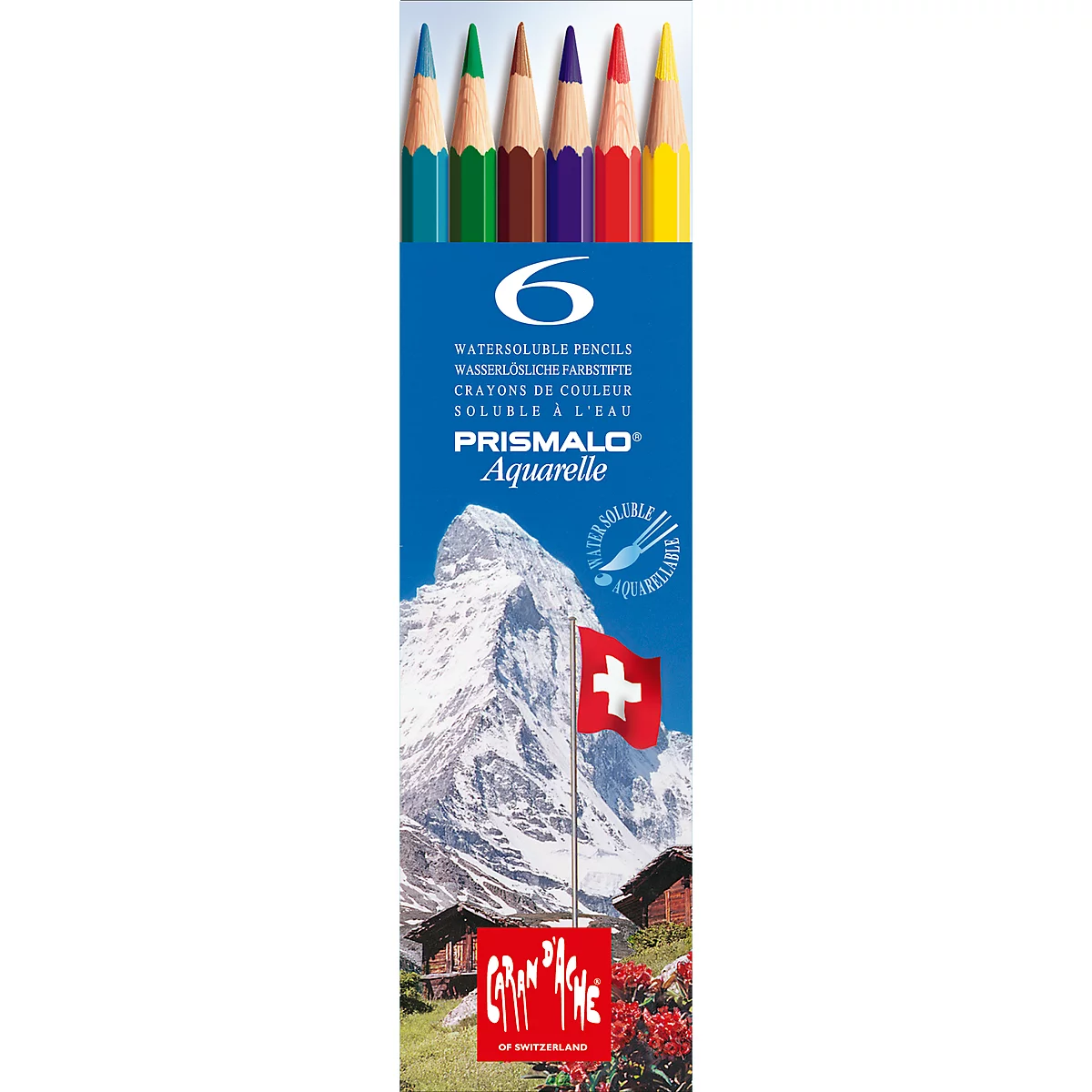 Six colored pencils in a row. Inscription: Prismalo Aquarelle, the Swiss flag, and a mountain in the background.