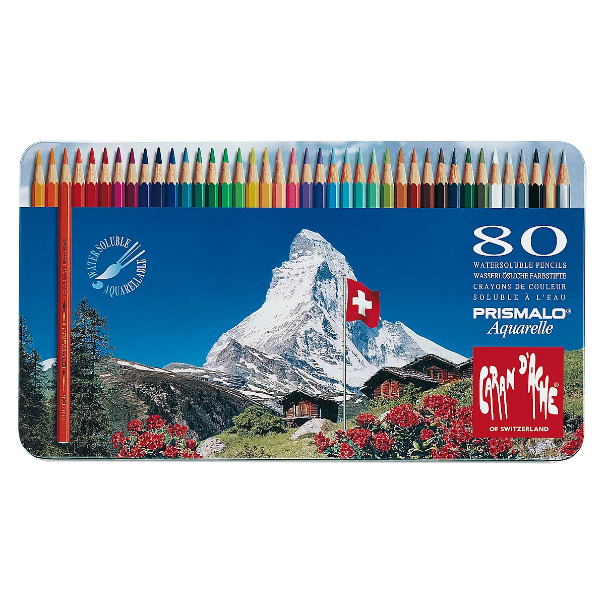 Colored pencils in a box. Prints: Prismalo Aquarelle, 80 Water-soluble pencils. Matterhorn and Swiss flag in the background.