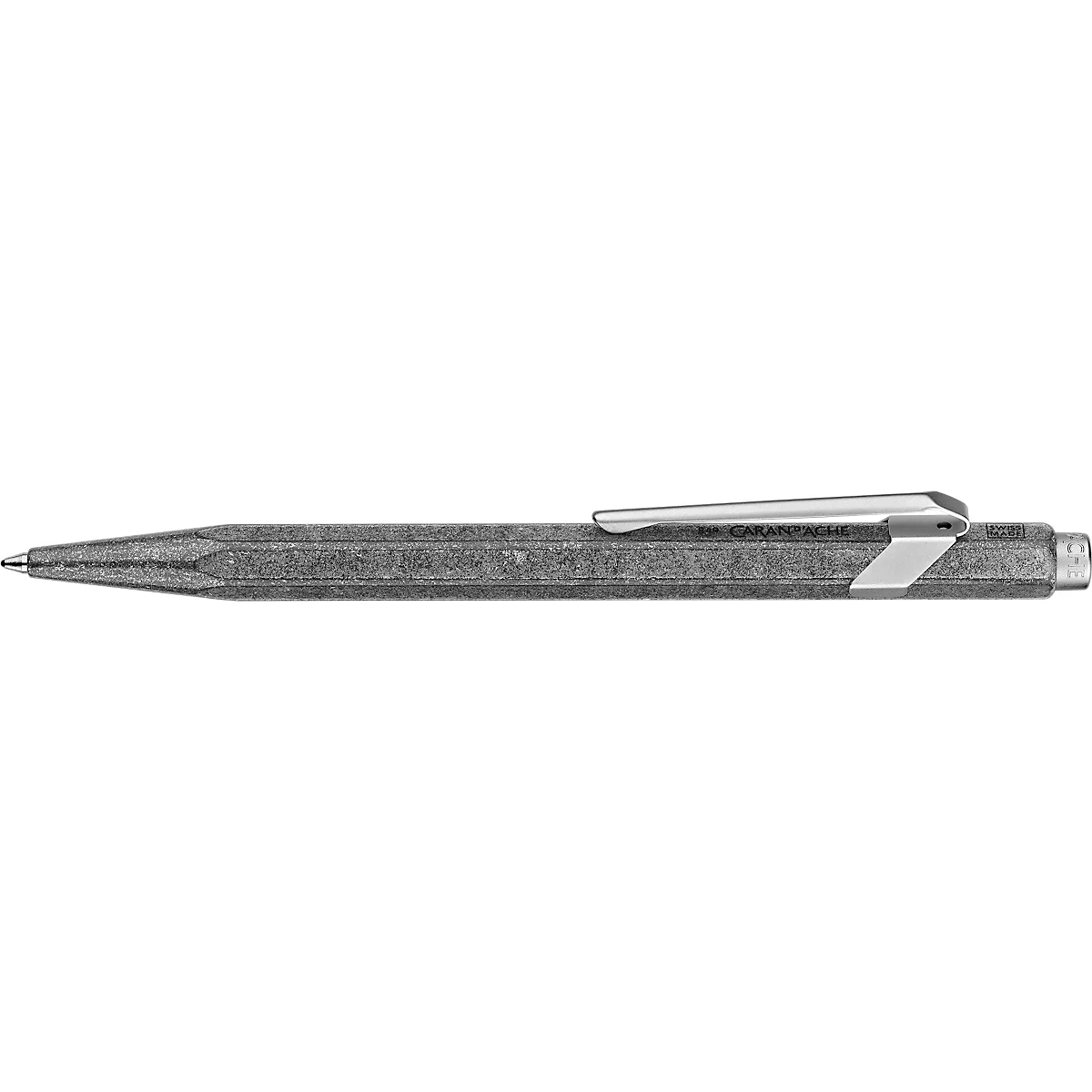 Grauer Bleistift mit silbernem Clip, detailliert dargestellt. Am Clip ist der Schriftzug GRAF VON FABER-CASTELL zu sehen.