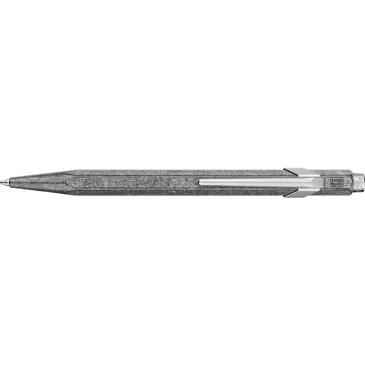Ein Bleistift, der an einer Seite spitz zuläuft, mit silberfarbenen Akzenten am Ende.
