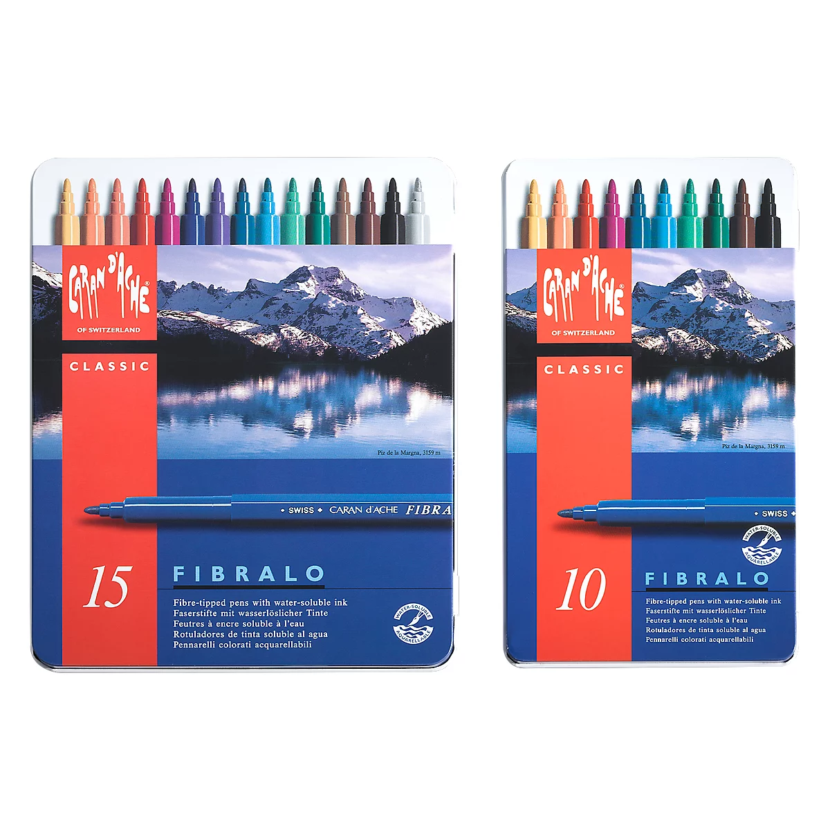 Two packs of fibre pens. Left: 15 pens, blue case with mountain landscape. Right: 10 pens, similar design.