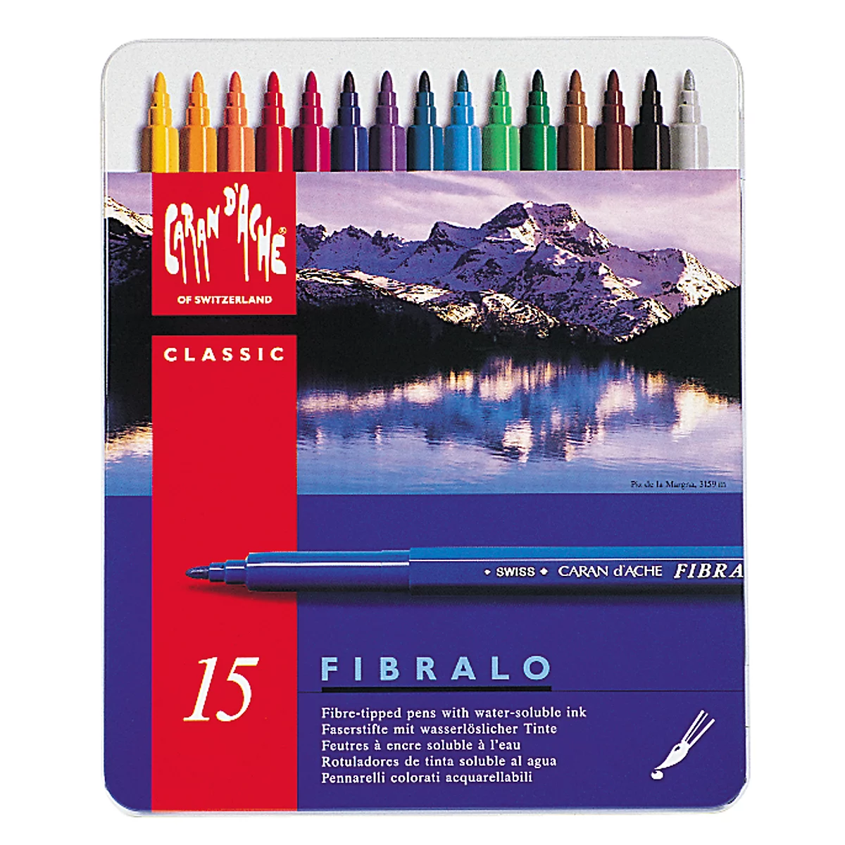 Caran d'Ache pen set with 15 felt-tip pens in different colors. A mountain panorama is depicted on the packaging.