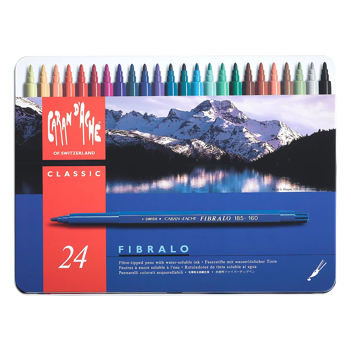 Set of 24 fibre-tip pens in a metal box. The lid shows a mountain panorama. Inscription: Caran d'Ache.