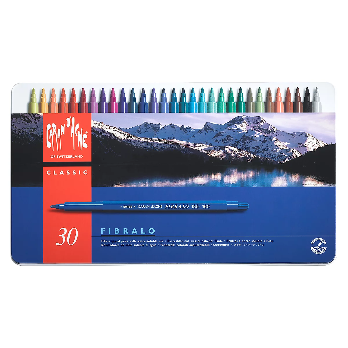 Set of pens in a box with mountains in the background. Single pen lies in front. Text: "Fibralo"